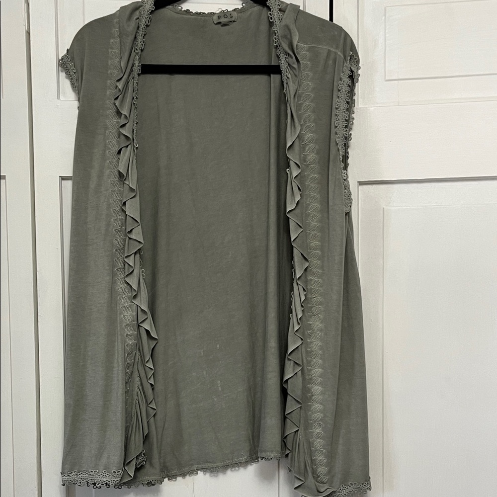 POL Olive Ruffled Open-Front Vest